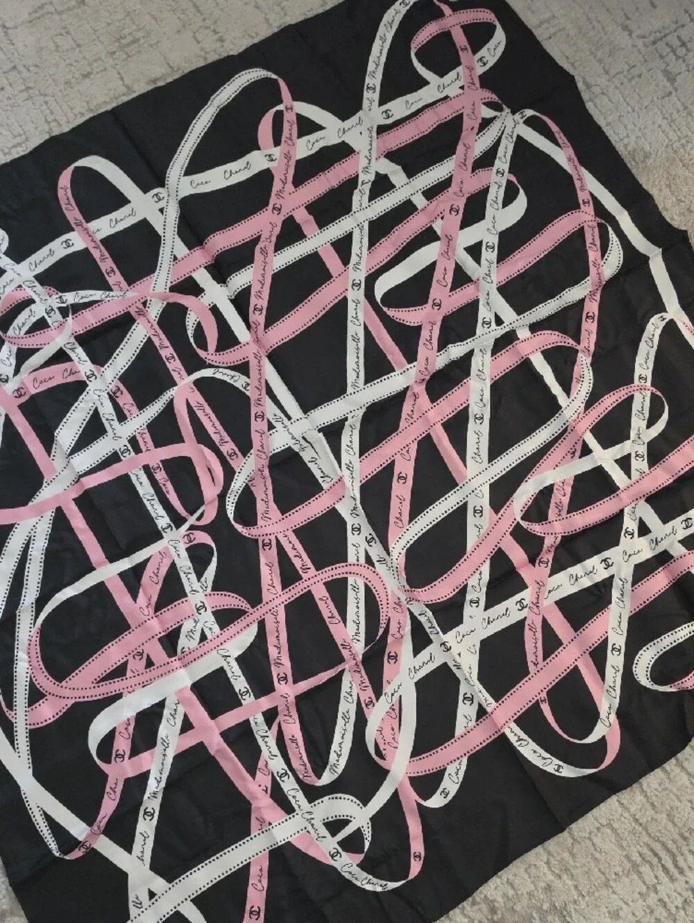 CHANEL Pink and Black Ribbon Scarf